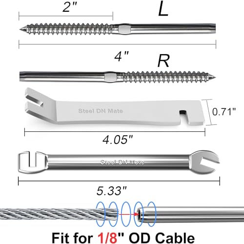 Steel DN Mate 100 Pack T316 Stainless Steel Right&Left Handed Thread Swage Lag Screws for Wood Post of 1/8" Steel Cable Railing Kit, Cable Railing Hardware, DIY Deck Railings, Wrench Include, DM50