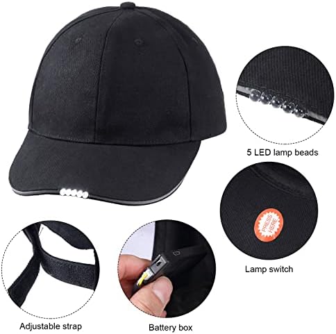 2 Pieces Baseball Cap with Light Hands Free LED Baseball Cap 5 LED Battery Powered Headlamp Hat Flashlight Hat for Fishing Jogging Camping Hand Work
