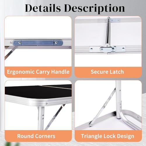 3.0 Ft Folding Portable Camping Table with Adjustable Height Legs, RV Dining Tables, Grill, DJ, BBQ, Dining, Picnic, Cooking, Beach, Garden, Black