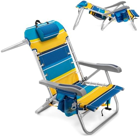 Homevative Backpack Fold-Up Beach Chair, 5 Positions, Towel bar, Cooler, Storage Pouch, Cup Holder and Phone Pocket