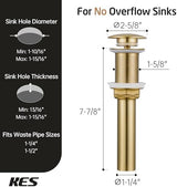 KES Sink Drain Without Overflow Bathroom Pop Up Drain Assembly Stopper Vessel Sink Brushed Gold for 1.6"-1.9" Sink Hole, All Metal Rustproof Brass and 304 Stainless Steel, S2008D-BZ