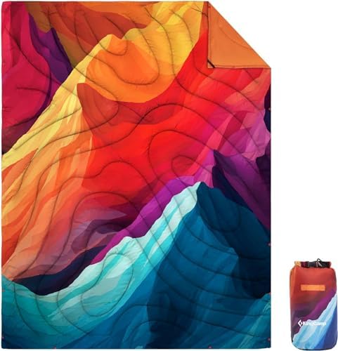 KingCamp Ultralight Camping Blanket, Packable Down Alternative Puffy Printed Wearable Blanket with Snap Buttons & Corner Loops Weatherproof Quilt for Outdoor Travel Stadium (79"L x 57"W, PEAK)