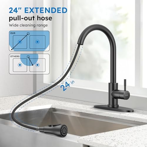 Arofa Matte Black Kitchen Faucet, Kitchen Sink Faucet with Pull Down Sprayer Single Handle Stainless Steel Commercial Modern for 1 or 3 Hole Farmhouse Camper Laundry Utility Rv Bar Sinks