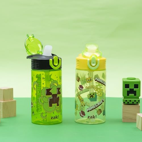 Zak Designs Minecraft Sage Kids Water Bottle For School or Travel, 16oz Durable Plastic Water Bottle With Straw, Handle, and Leak-Proof, Pop-Up Spout Cover, 2-Pack Set (Creeper)
