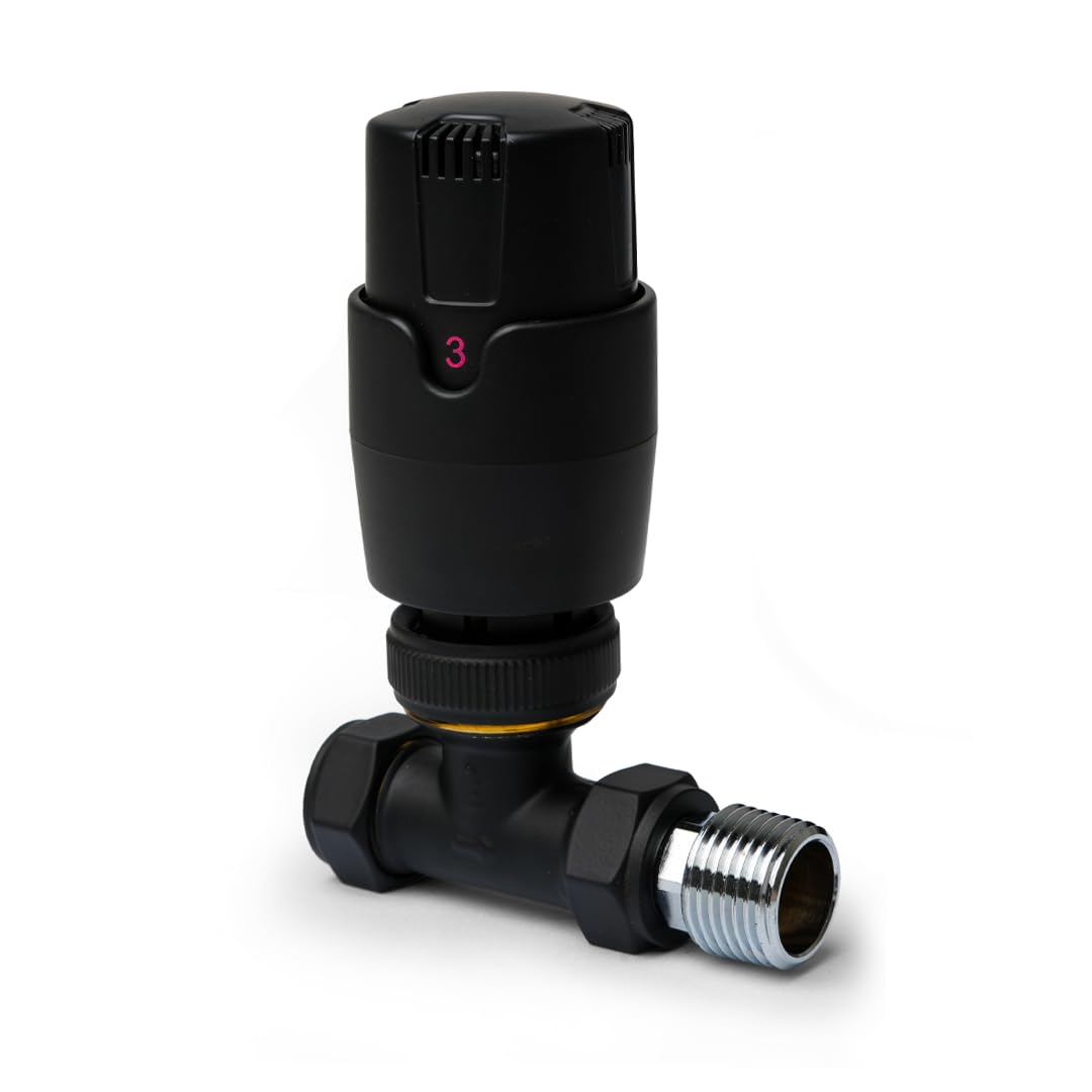 Black Straight Thermostatic Radiator Valves TRV Modern Radiator Valves 15mm x 1/2" (Set of 2) for Heated Towel Rails & Central Heating Radiators Radiator Valve Set