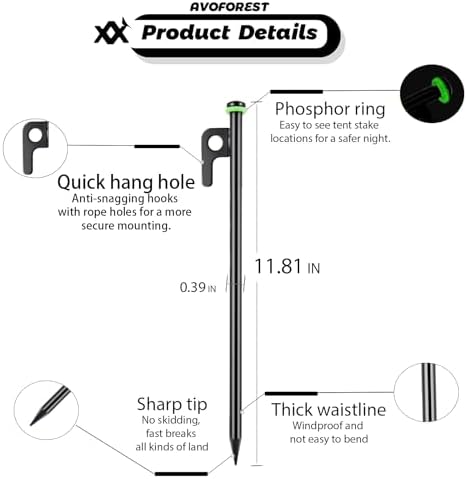 12Inch Heavy Duty Tent Stakes,20 PCS Tent Pegs Metal+Fluorescent Silicone Rings+ Storage Bag for Camping (20pcs)