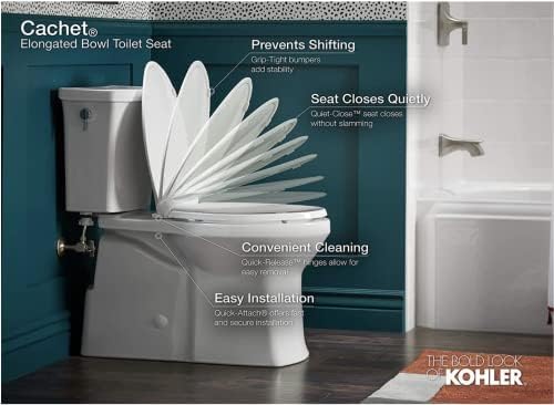 KOHLER K-4636-0 Cachet Elongated, Grip-Tight Bumpers, Quiet-Close Release Hinges, Quick-Attach Hardware, No Slam Toilet Seat, White