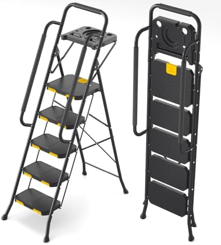 KINGRACK 5 Step Ladder with Tool Platform, Folding Step Stool with Handrails, Sturdy Steel Ladder with Wide Pedal, 800 LBS Portable Safety Ladder for Adults Painting Home Outdoor Garage