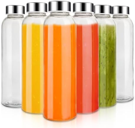Sursip 24oz Glass Water Bottle Set of 6, Leak Proof Clear glass juice bottle for juicing, Reusable Drinking Bottles with Stainless Steel Lid, Beverage Storage Containers for Refrigerator-BPA Free