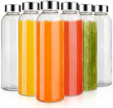 Sursip 24oz Glass Water Bottle Set of 6, Leak Proof Clear glass juice bottle for juicing, Reusable Drinking Bottles with Stainless Steel Lid, Beverage Storage Containers for Refrigerator-BPA Free