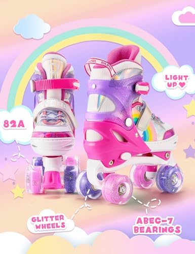 SULIFEEL Rainbow Unicorn 4 Size Adjustable Light up Roller Skates for Girls Boys for Kids