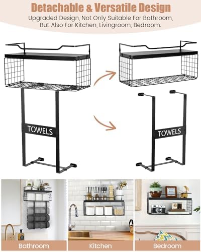 Wall Mounted Towel Rack for Bathroom - Bath Storage Holder Set Above Toilet, Rolled Towel Shelf Organizer, Wood Vertical Rack for Small Bathroom Decor, Black