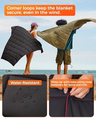 KingCamp Ultralight Camping Blanket, Packable Down Alternative Puffy Wearable Blankets Weatherproof Warm Package Quilt with Snap Buttons for Outdoor Hiking Travel Picnic Stadium (69"L x 53"W, Black)