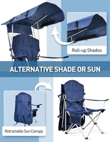 Beach Chair with Canopy Shade and Fan – 360° Rotatable & 3-Speed Airflow, Camping Chair with Canopy and Powerful & Quiet Fan, Cup Holder, Side Pocket – Supports 330 LBS
