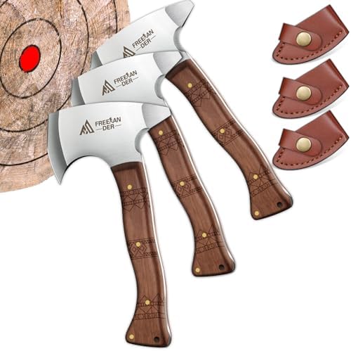 Freelander 8.3" Professional Throwing Axes and Tomahawks 3 Pack, Viking Axe Set with Leather Sheath, High Carbon Stainless Steel Throwing Hatchet for Adults, Axe Throwing Game for Backyard