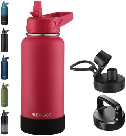 32oz Insulated Water Bottle with Straw, Stainless Steel Metal Vacuum Water Flask, Large Thermos Water bottle with Leakproof 3 Lids for Travel, Camping, Gym Sports Red
