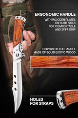 Grand Way Long Blade Folding Knife - Sharp Hunting Hiking Camping Tactical Survival Work Knives for Men Women - Foldable Large Knife with Rosewood Handle - Stocking Stuffers Gifts 4172