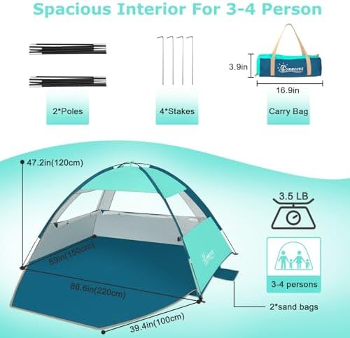 COMMOUDS Beach Tent Sun Shade for 3/4-5/6-7/8-10 Person, UPF 50+ Beach Sun Shelter Canopy Tent, Lightweight, Easy Set Up and Carry