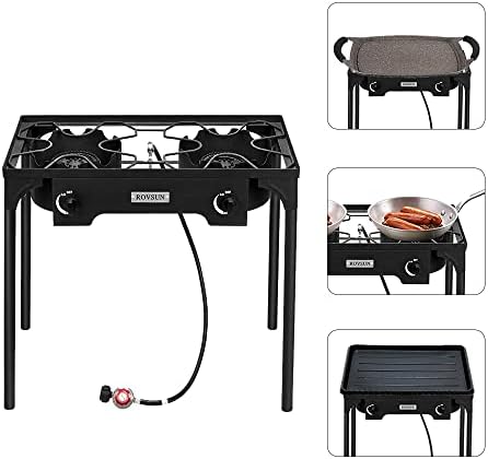 Bonnlo 2 Burner Outdoor Portable Propane Stove Gas Cooker, Heavy Duty Iron Cast Patio Burner with Detachable Stand Legs for Camp Cooking (2-Burner 150,000-BTU)