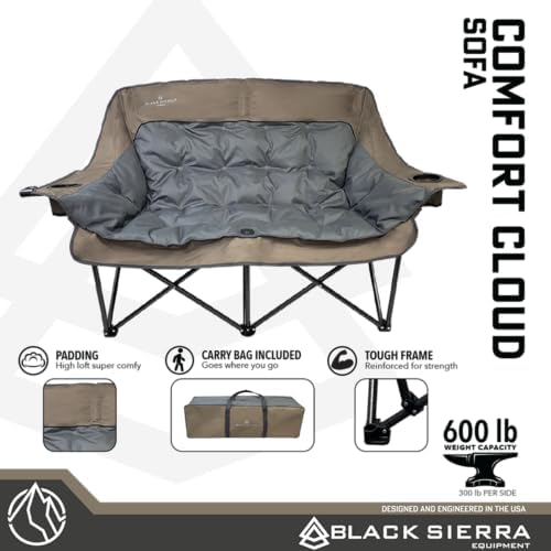 Black Sierra Double Camping Chair for Adults, Oversized Folding Loveseat Supports 600 lbs, Plush Padded Outdoor Couch with Cup Holders and Carry Bag for Beach, Patio, RV, or Tailgating Events