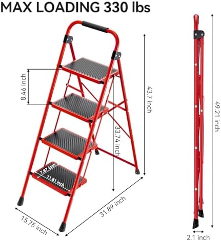 KINGRACK Step Ladder, Folding Ladder with Non-Slip and Wide Pedal, Small Ladders with Handle, Heavy Duty Steel Ladder, Lightweight Step Ladder (Red, 4 Step Ladder)