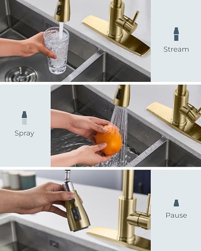 FORIOUS Gold Kitchen Faucet with Soap Dispenser and Pull Down Sprayer, High Arc Single Handle Classic 3 Modes Stainless Steel Faucet for Kitchen Sink Farmhouse RV Bar Laundry Camper