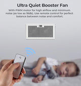 Quiet Register Booster Fan Fits 6" x 12" Register Holes, 10-Speed Smart Heating Cooling AC Vent Fan with Remote Control and Thermostat Control - White