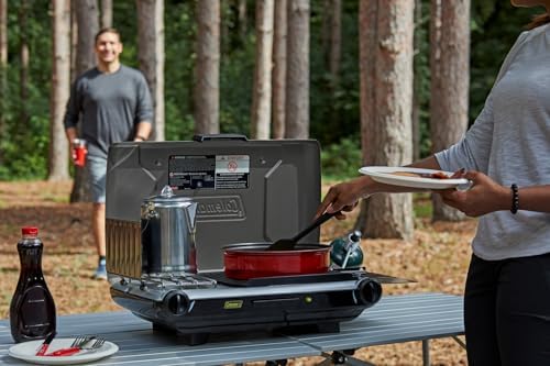 Coleman Tabletop 2-in-1 Grill & Stove with 2 Adjustable Burners, Propane Grill/Stove with Push-Button Starter, Wind Guards, Grease Tray, & 20,000 BTUs of Power for Camping, Tailgating, & More