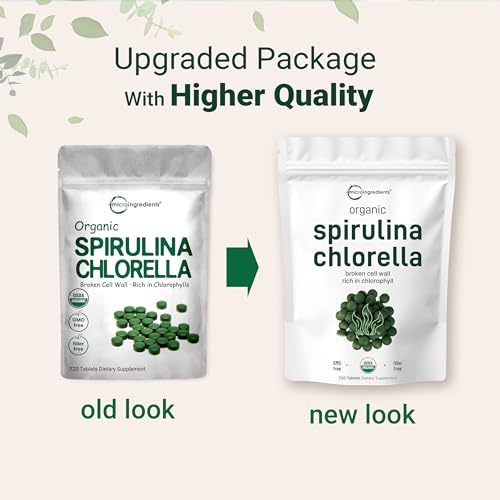 Organic Chlorella Spirulina Tablets, 3000mg Per Serving, 720 Counts, 4 Months Supply, 50/50 Blend Superfood, No Filler, No Additives, Cracked Cell Wall, Rich in Vegan Protein & Chlorophyll