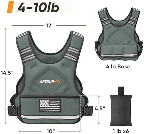 APEXUP Adjustable Weighted Vest, 4-10lb/12-18lb/20-32lb Vest with 6 Ironsand Weights and Large Pocket, Weight Vest for Men Women Strength Training, Running, Walking