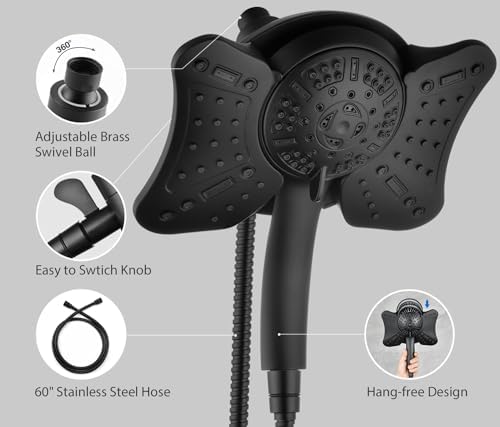 GRICH 2.5GPM Shower Heads with Handheld Spray Combo: High Pressure Rain Shower Heads with Built-in Power Wash, 9 Mode Adjustable Dual Rainfall Showerhead with Anti-Clog Nozzles and Hose, Black
