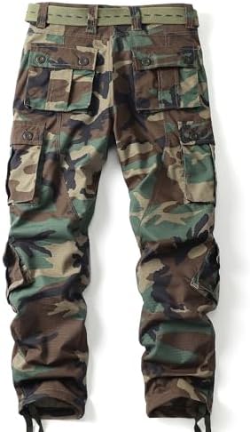 Men's Camo Cargo Work Pants Ripstop Lightweight Wild Army Military BDU Outdoor Trousers with 8 Pocktets (No Belt)