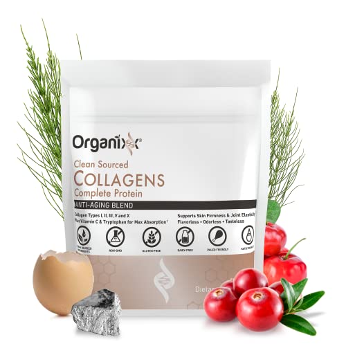 Organixx Clean Sourced Collagen Powder, Hydrolyzed Protein Powder Collagen Peptides with Vitamin C, and Types I, II, III, V, X, For Skin, Joints, Hair and Nails, Aging Support Unflavored (15 Servings)