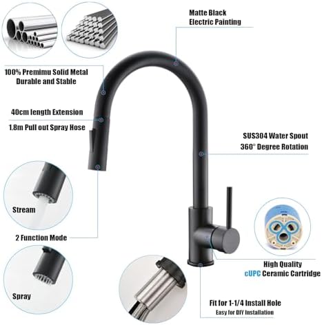 Havin Black Kitchen Faucet with Pull Down Sprayer, High Arc Stainless Steel Material, with cUPC Ceramic Cartridge,Without Deck Plate,Fit for 1 Kitchen or Laundry or Bar Sink Faucet,Matte Black