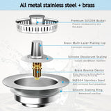 3-in-1 Kitchen Sink Drain Strainer & Stopper, Stainless Steel Food Catcher Plug with Filter Basket, Fits 3-1/2 Inch Drain Hole, Universal Sink Protector Cover, Anti-Clogging, Silver