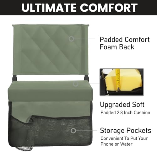 Sheenive Green Stadium Seats for Bleachers with Back Support, Padded Soft Comfy Backs and Cushion, Wide, Portable Folding Comfort Chair with Shoulder Strap, Perfect for Sports Events
