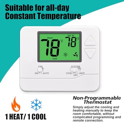 Non-Programmable Thermostat for House, Digital Energy-Saving Home Thermostats, up to 1 Heat/1 Cool Single-Stage Systems (Green Backlight)