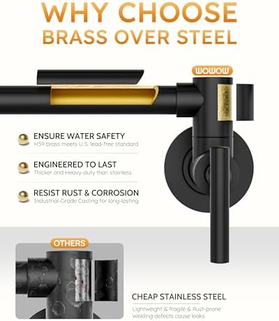 WOWOW Pot Filler Faucet Matte Black, Brass Pot Filler Wall Mount Kitchen Stove Faucet with Double Joint Swing Arms