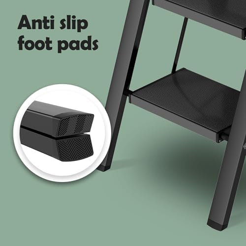 Taranta 2 Step Ladder,Aluminum Lightweight Folding 2 Step Stool with Anti-Slip Wide Pedal, 330lbs Capacity Step Ladder for Household,Kitchen,Office - Black