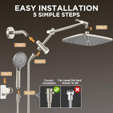Veken Brushed Nickel Wide Rain Shower Head with 6 Modes Handheld Water Spray, High Pressure Showerhead Combo with Arm, Adjustable Dual Shower with Anti-Clog Nozzles