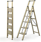 WOA WOA 5 Step Ladder, Ladders for Home, Anti-Slip Pedals, Aluminum Step Stool Foldable, Lightweight to Move, Ease of Storage, Reach 10ft for Closet Kitchen Library, Hold 300lbs - Gold
