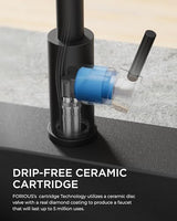 FORIOUS Black Kitchen Faucet with Soap Dispenser, Single Handle Stainless Steel Spring Sink Faucet with Pull Down Sprayer Transitional for Farmhouse Camper Laundry Camper