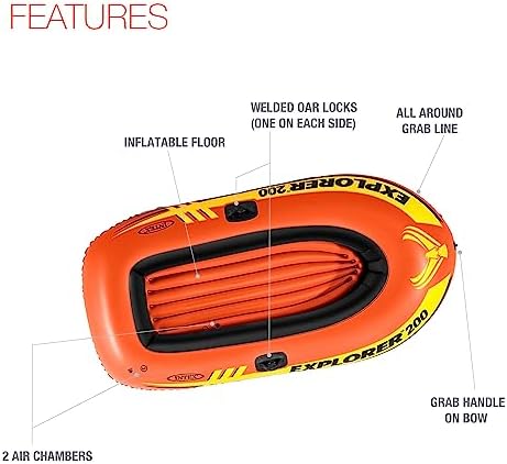 INTEX Explorer Inflatable Boat Series: Dual Air Chambers – Welded Oar Locks – Grab Handles – Bow Rope – Sporty Design