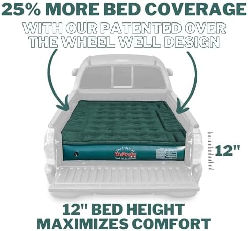 AirBedz by Pittman Outdoors - Lite Full Size Short Truck Bed Air Mattress, Green - 6-6.5' Long, with Portable DC Air Pump
