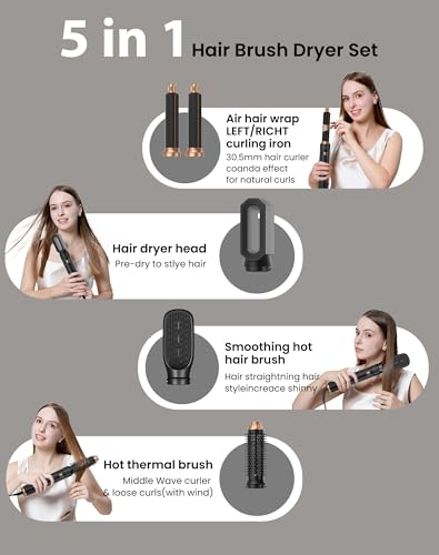 Hair Blow Dryer Brush Set 5 in 1, 1000w Negative Hot Air Styler Set, Compact Hair Dryer,Faster Drying, Shinier Hair,Temperature Portable, Lonic Blow Dryer Grey