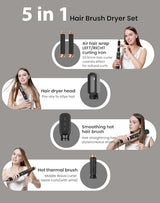 Hair Blow Dryer Brush Set 5 in 1, 1000w Negative Hot Air Styler Set, Compact Hair Dryer,Faster Drying, Shinier Hair,Temperature Portable, Lonic Blow Dryer Grey