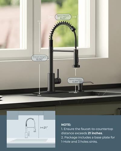 FORIOUS Black Kitchen Faucet with Soap Dispenser, Single Handle Stainless Steel Spring Sink Faucet with Pull Down Sprayer Transitional for Farmhouse Camper Laundry Camper