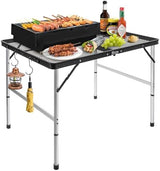 jkwokback 3ft x 2ft Grill Table Portable Camping Table, Waterproof Black Folding Table with Adjustable Height Camping Table,Folding Camp Table for BBQ,Camping, Outdoor Sports, Beaches and Picnics