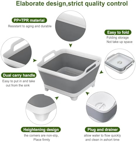 Dishpan, 9L Collapsible Washing Basin (Gray, PP, TPR), Portable Dish Tub with Drain Plug, Space-Saving Drying Rack for Kitchen, Camping, Laundry use