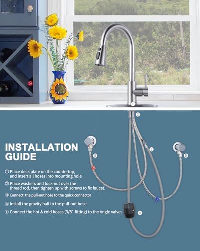 WOWOW Kitchen Faucet with Sprayer, Kitchen Sink Faucet, SUS 304 Stainless Steel, High Arc Single Handle Brushed Nickel Kitchen Faucets with Pull Down Sprayer, Pull Out Kitchen Faucet with Deck Plate